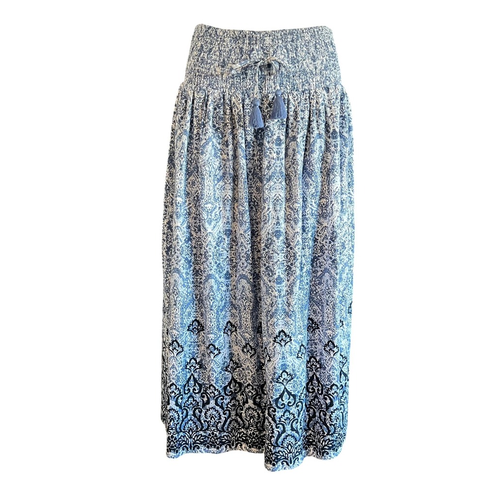 J. Jill Blue Paisley Smocked Maxi Skirt Boho Tassel Cotton Blend XS